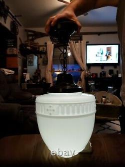Antique 1920's Satin White Milk Glass Ornate Acorn Globe Pendant Light Fixture