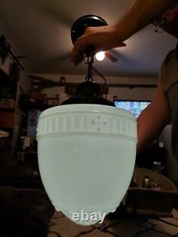 Antique 1920's Satin White Milk Glass Ornate Acorn Globe Pendant Light Fixture