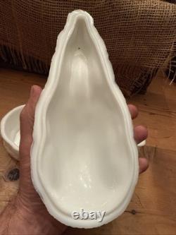 Antique 19c Large Atterbury Rabbit W Amethyst Glass Eyes Covered Milk Glass Box