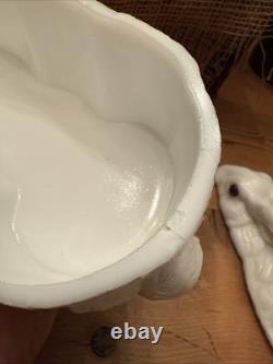 Antique 19c Large Atterbury Rabbit W Amethyst Glass Eyes Covered Milk Glass Box