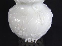 Antique 19c Victorian Milk Glass Spider Web Oil Lamp FG Co Cast Iron Base Ornate