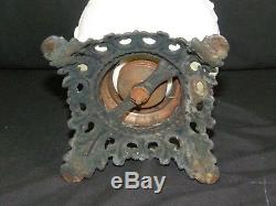 Antique 19c Victorian Milk Glass Spider Web Oil Lamp FG Co Cast Iron Base Ornate