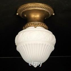 Antique 20s Victorian Milk Glass Globe Brass Flush Ceiling Light Fixture REWIRED