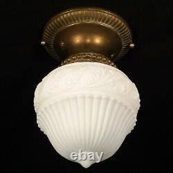 Antique 20s Victorian Milk Glass Globe Brass Flush Ceiling Light Fixture REWIRED