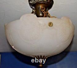 Antique ART DECO Frosted Milk Glass Inverted Bowl Chandelier 3 bulbs