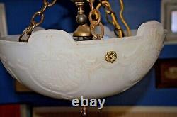Antique ART DECO Frosted Milk Glass Inverted Bowl Chandelier 3 bulbs