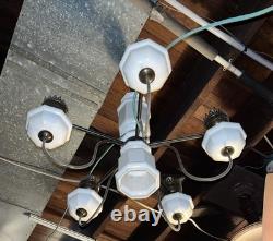 Antique Art Deco 5 Arm, Octagonal Center, Ceiling Chandelier. Brass, Milk Glass