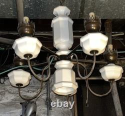 Antique Art Deco 5 Arm, Octagonal Center, Ceiling Chandelier. Brass, Milk Glass