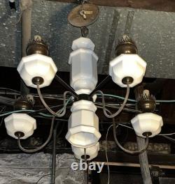 Antique Art Deco 5 Arm, Octagonal Center, Ceiling Chandelier. Brass, Milk Glass