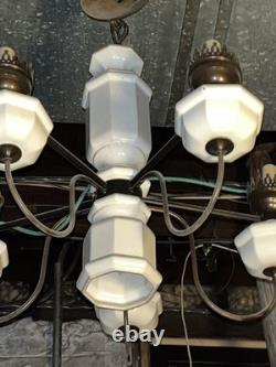 Antique Art Deco 5 Arm, Octagonal Center, Ceiling Chandelier. Brass, Milk Glass