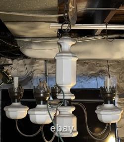 Antique Art Deco 5 Arm, Octagonal Center, Ceiling Chandelier. Brass, Milk Glass