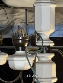 Antique Art Deco 5 Arm, Octagonal Center, Ceiling Chandelier. Brass, Milk Glass