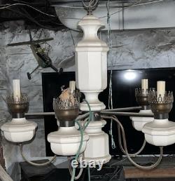 Antique Art Deco 5 Arm, Octagonal Center, Ceiling Chandelier. Brass, Milk Glass