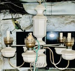 Antique Art Deco 5 Arm, Octagonal Center, Ceiling Chandelier. Brass, Milk Glass