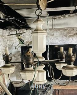 Antique Art Deco 5 Arm, Octagonal Center, Ceiling Chandelier. Brass, Milk Glass
