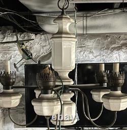 Antique Art Deco 5 Arm, Octagonal Center, Ceiling Chandelier. Brass, Milk Glass