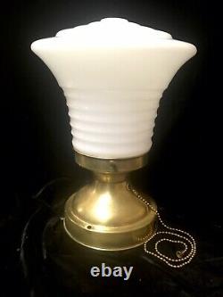 Antique Art Deco Milk Glass Shade Flush Mount Ceiling Light Brass Fixture