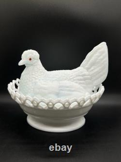 Antique Atterbury Blue White Slag Milk Glass Hen On Nest Dish Lace Split Tail