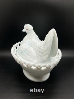 Antique Atterbury Blue White Slag Milk Glass Hen On Nest Dish Lace Split Tail