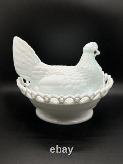 Antique Atterbury Blue White Slag Milk Glass Hen On Nest Dish Lace Split Tail