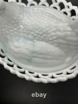 Antique Atterbury Blue White Slag Milk Glass Hen On Nest Dish Lace Split Tail
