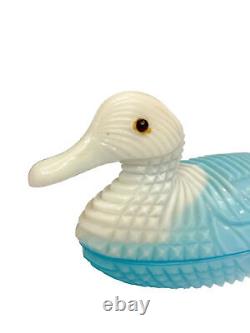 Antique Atterbury Blue and White Milk Glass Covered Duck Dish With Lid c1880s Rare