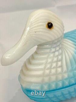 Antique Atterbury Blue and White Milk Glass Covered Duck Dish With Lid c1880s Rare