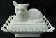 Antique Atterbury Cat On Lacy Base Animal Covered Dish White Milk Glass