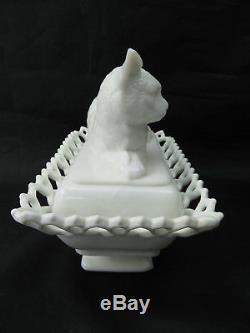 Antique Atterbury Cat on Lacy Base Animal Covered Dish White Milk Glass