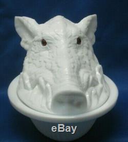 Antique Atterbury Milk Glass Boars Head Covered Dish Original Eyes Patd. 1888