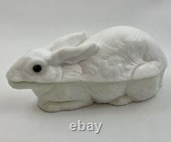 Antique Atterbury Milk Glass Crouching Rabbit Lidded Dish Glass Eyes 1886
