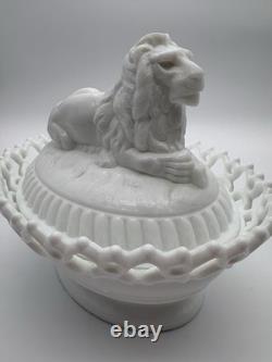 Antique Atterbury Milk Glass Lion on Nest Covered Dish With Dancing Sailor Base
