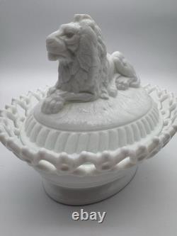 Antique Atterbury Milk Glass Lion on Nest Covered Dish With Dancing Sailor Base