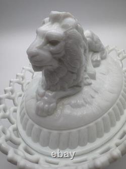Antique Atterbury Milk Glass Lion on Nest Covered Dish With Dancing Sailor Base