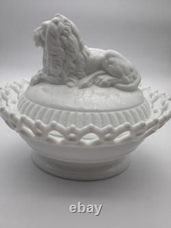 Antique Atterbury Milk Glass Lion on Nest Covered Dish With Dancing Sailor Base