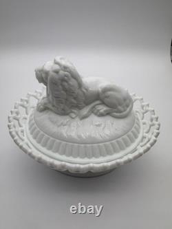 Antique Atterbury Milk Glass Lion on Nest Covered Dish With Dancing Sailor Base