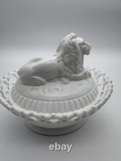 Antique Atterbury Milk Glass Lion on Nest Covered Dish With Dancing Sailor Base