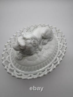 Antique Atterbury Milk Glass Lion on Nest Covered Dish With Dancing Sailor Base