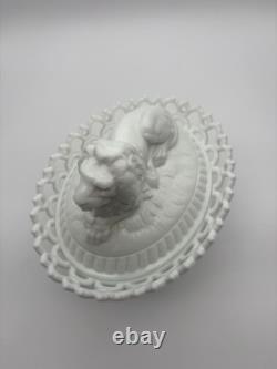 Antique Atterbury Milk Glass Lion on Nest Covered Dish With Dancing Sailor Base