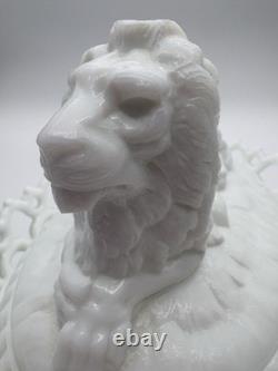 Antique Atterbury Milk Glass Lion on Nest Covered Dish With Dancing Sailor Base