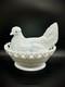 Antique Atterbury Slag Blue White Milk Glass Hen On Nest Dish Lace Split Tail