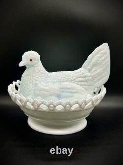 Antique Atterbury Slag Blue White Milk Glass Hen On Nest Dish Lace Split Tail