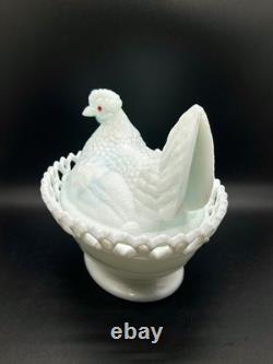 Antique Atterbury Slag Blue White Milk Glass Hen On Nest Dish Lace Split Tail