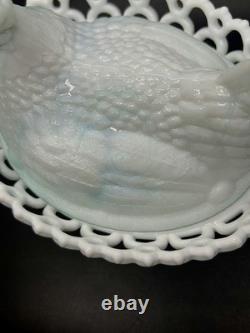 Antique Atterbury Slag Blue White Milk Glass Hen On Nest Dish Lace Split Tail