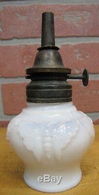 Antique BUTTERFLY Oil Lamp Opalescent White Milk Glass WALLACE & SONS ANSONIA Ct