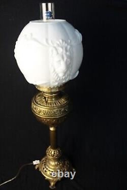 Antique Banquet Lamp B&H Milk Glass, embossed Brass Beautiful