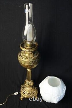 Antique Banquet Lamp B&H Milk Glass, embossed Brass Beautiful