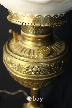 Antique Banquet Lamp B&H Milk Glass, embossed Brass Beautiful