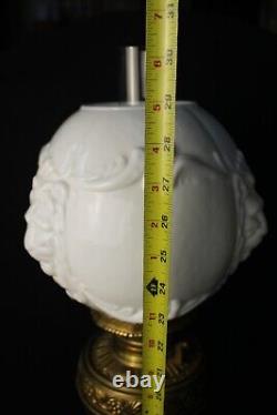 Antique Banquet Lamp B&H Milk Glass, embossed Brass Beautiful