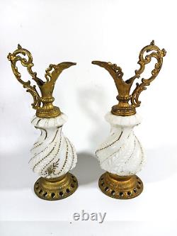 Antique Baroque Sculptural Candlestick Ewer Pair White Milk Glass Brass Vintage